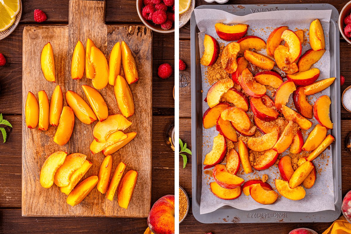 How to Roast Peaches Slicing the peaches on a wooden board, then tossing them with brown sugar and lemon on a parchment paper lined baking sheet.