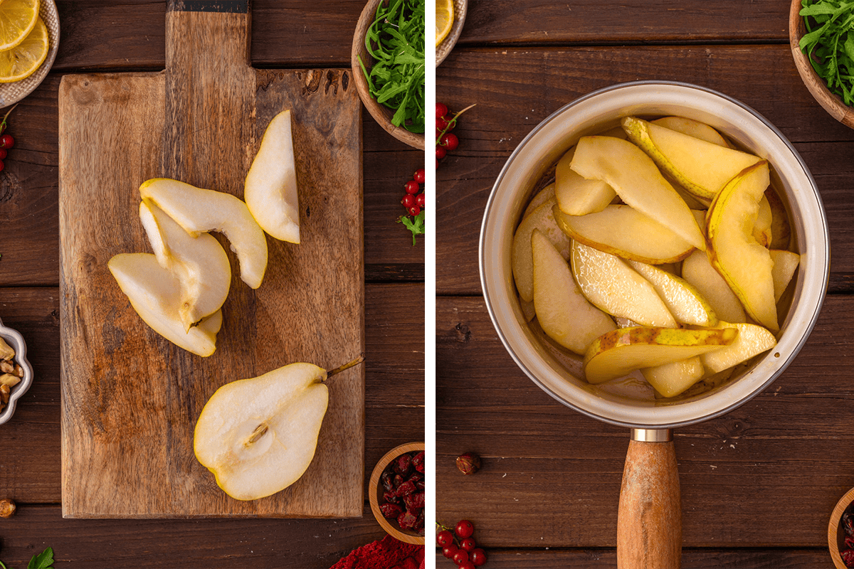 Slicing the pears on a cutting board; then cooking the pears with olive oil, honey, and lemon juice in a saucepan.