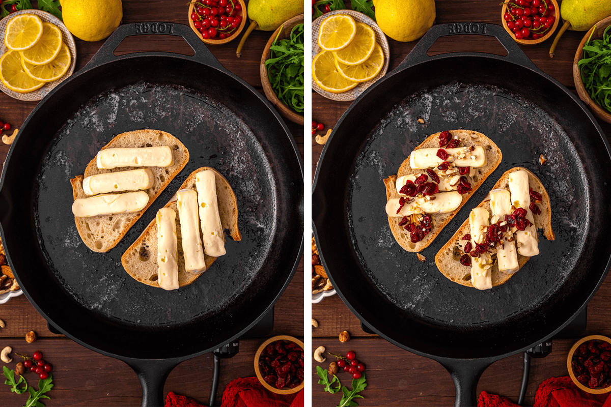 Adding brie, dried cranberries, and chopped nuts on top of the 2 bread slices.