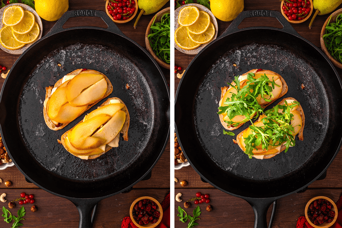 Adding cooked pears on top of the 2 bread slices in a cast iron skillet; then adding arugula on top.