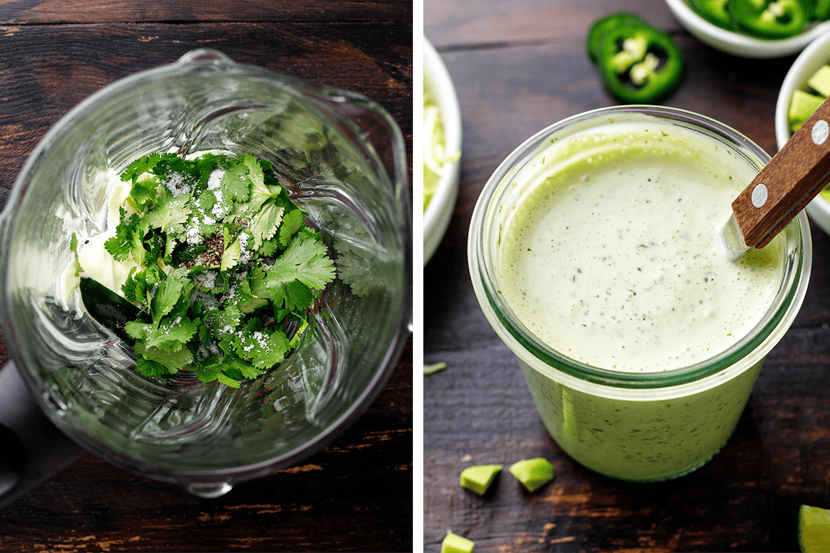 How to Make Shrimp Taco Sauce (Cilantro-Lime Crema) Adding plain Greek yogurt, mayonnaise, fresh lime juice, cilantro leaves, jalapeño (seeded and membrane removed), salt, and pepper to a blender, then blending until smooth.