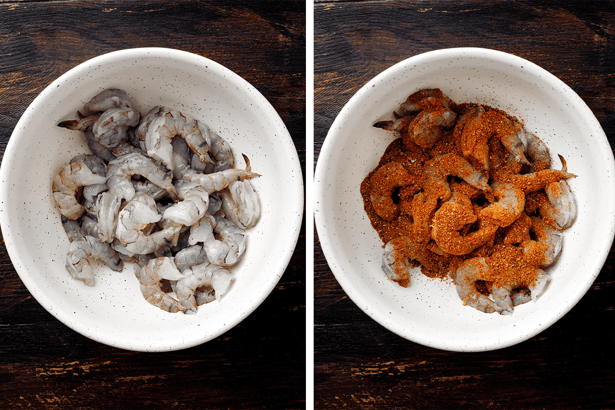 How to Make Shrimp Tacos Adding raw shrimp to the bowl, then tossing the shrimp with seasonings.