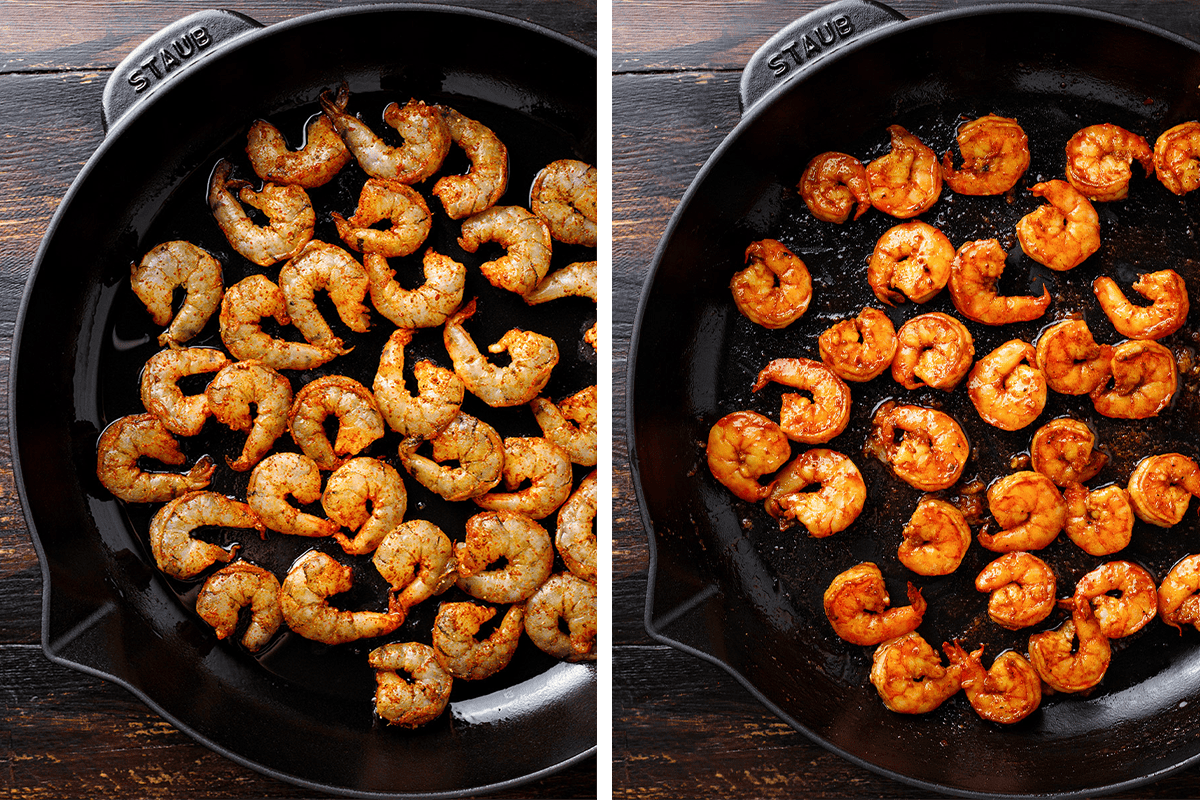 How to Make Shrimp Tacos Adding seasoned shrimp to a black cast iron skillet and cooking until done.