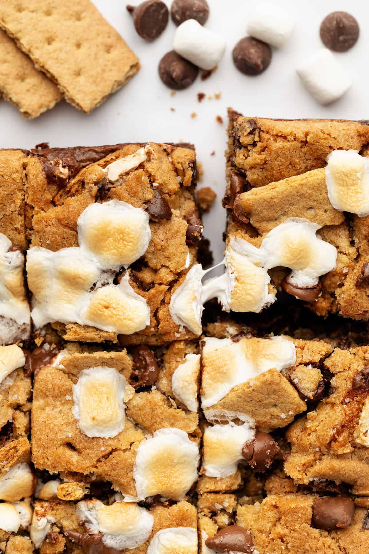 Sliced S'mores Bars on white background.