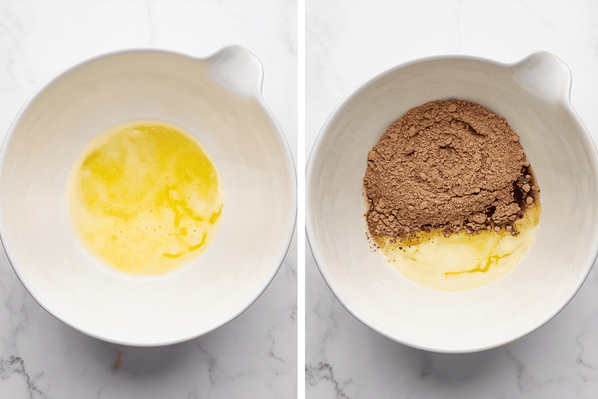 Melting butter in a bowl then adding brownie mix, cream, and salt.