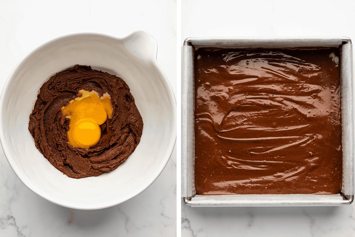Adding egg and egg yolk to the brownie mix in a bowl; spreading the brownie base in a baking dish.