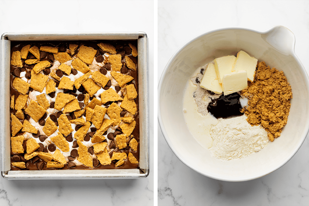 Adding the marshmallow creme, chocolate chips, and graham cracker pieces over the brownie base in baking dish. Combining all the ingredients for the cookie layer in a bowl.