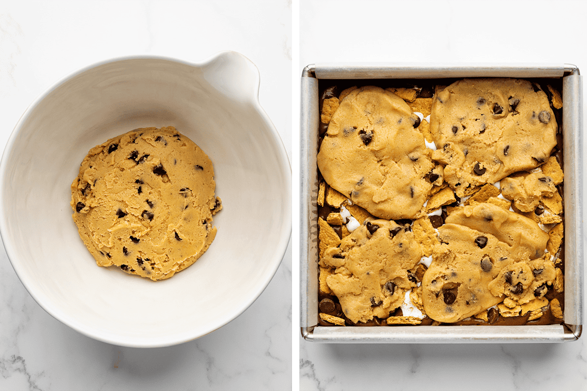 Making a cookie dough in a bowl, then adding cookie dough layer over the marshmallow layer in a baking dish.
