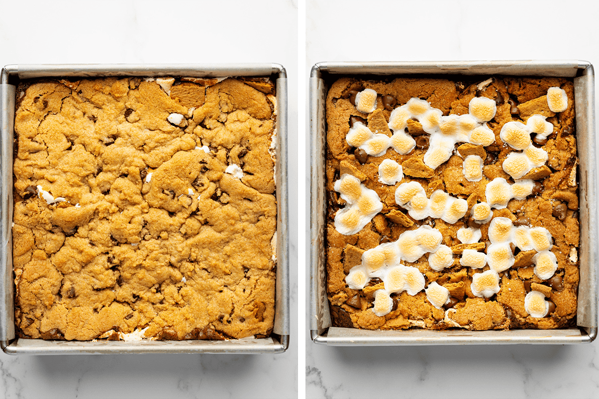 Baked S'mores Bars in a baking dish; browned mini marshmallows on top of S'mores Bars in a baking dish.