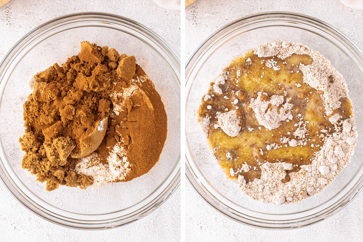 Mixing the flour, brown sugar, and cinnamon in a large bowl, then stirring in the melted butter to make a streusel mixture.