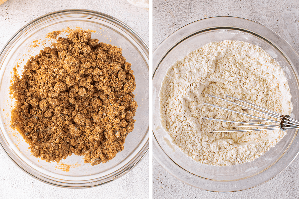 Mixing the streusel together until chunks form in a bowl, then combine dry ingredients for the cake in another bowl.