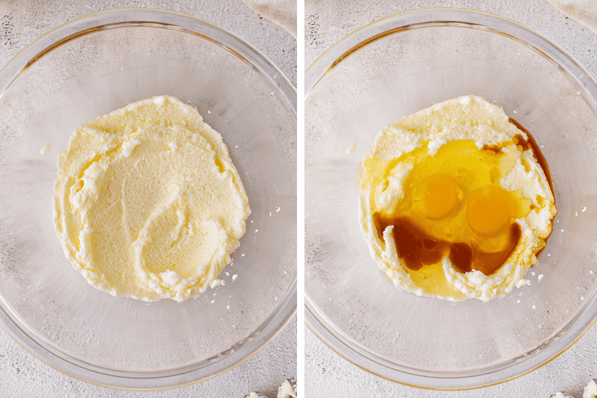 Beating the softened butter and sugar in a bowl until light and fluffy; then mixing in the eggs and vanilla.