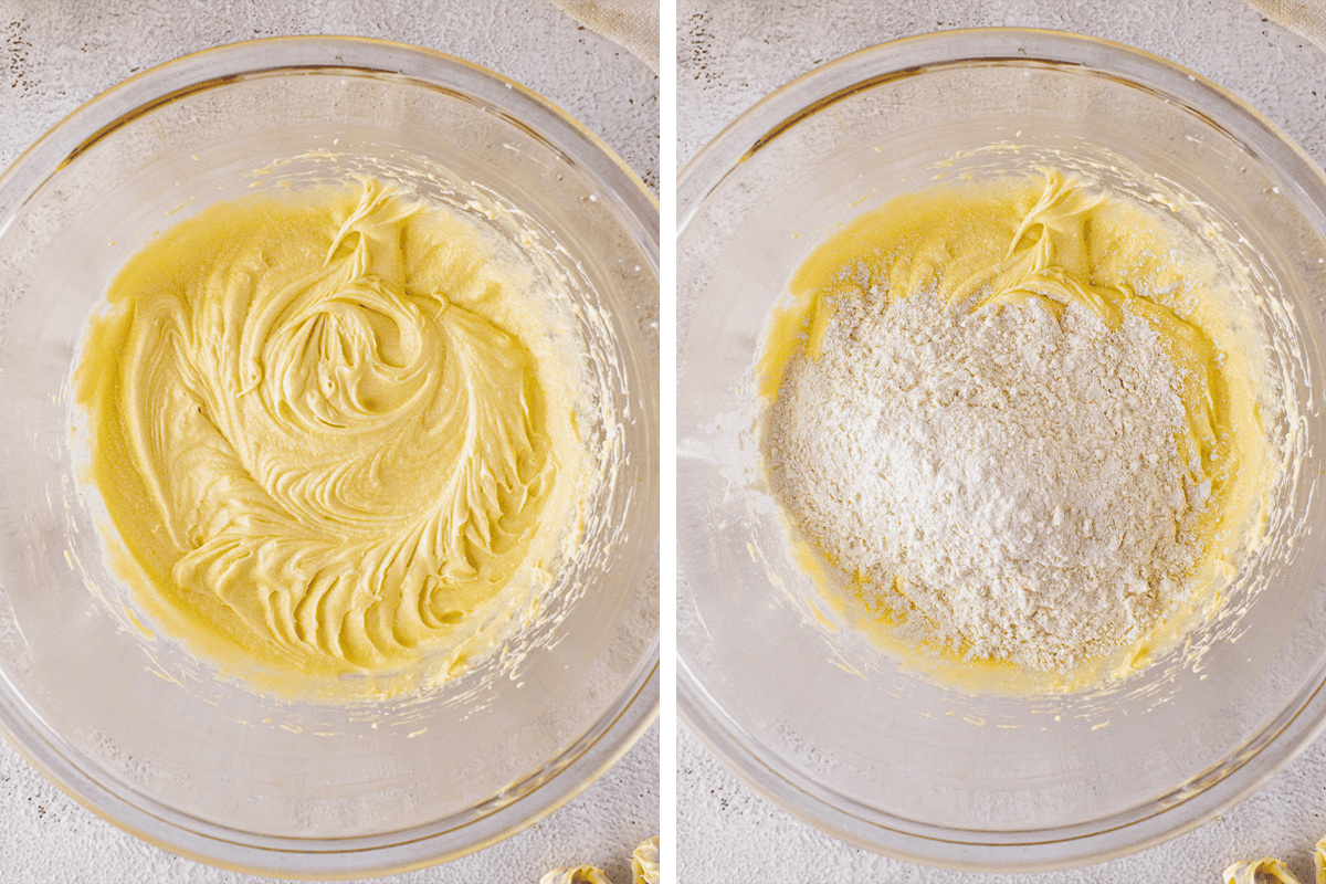Adding the dry ingredients to the bowl with wet ingredients.