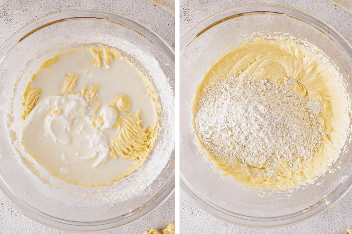 Adding the sour cream/milk to the bowl with wet ingredients, alternating with dry ingredients.