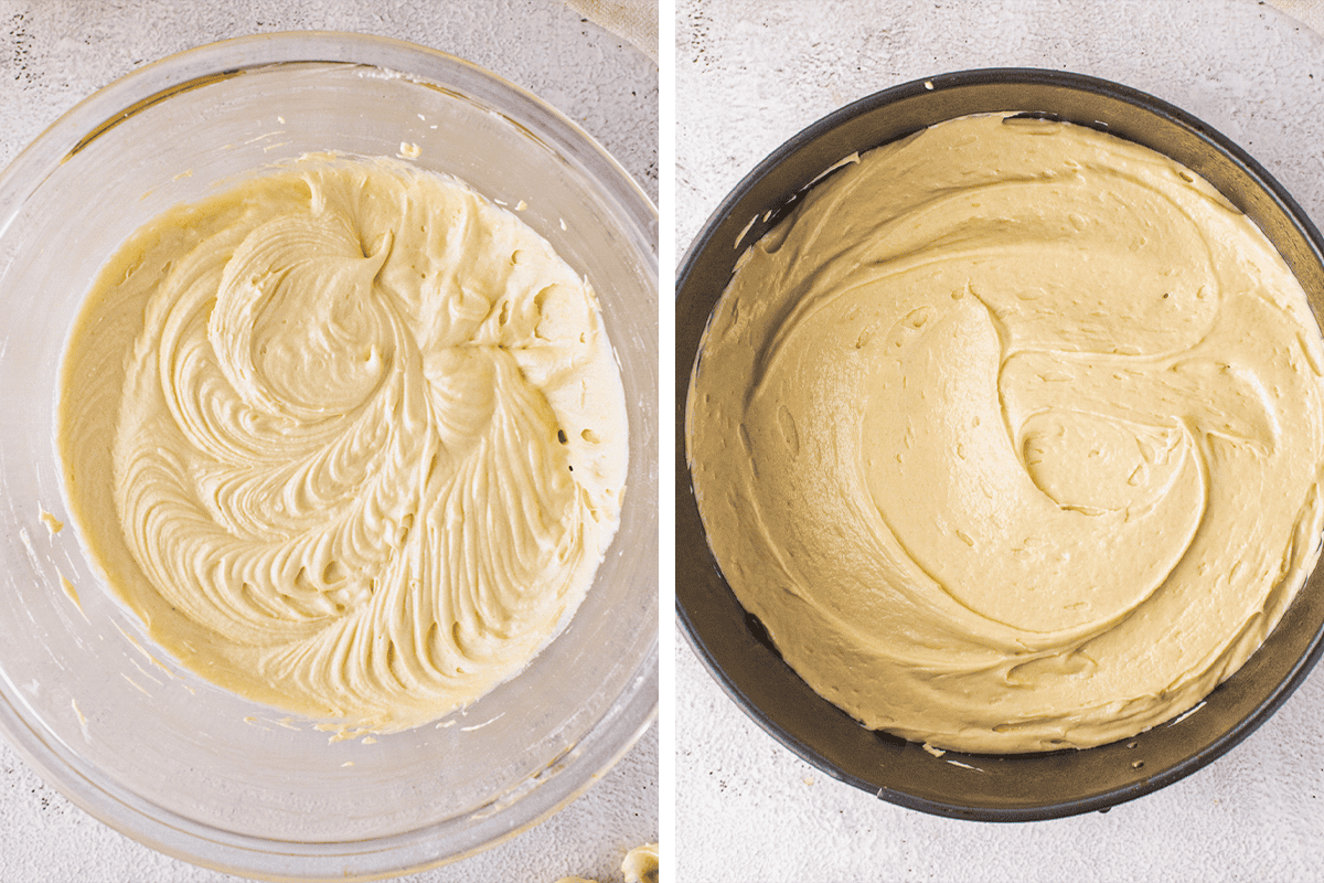 Mixing the cake batter in a bowl until combined; then spreading half of the batter into the baking pan.
