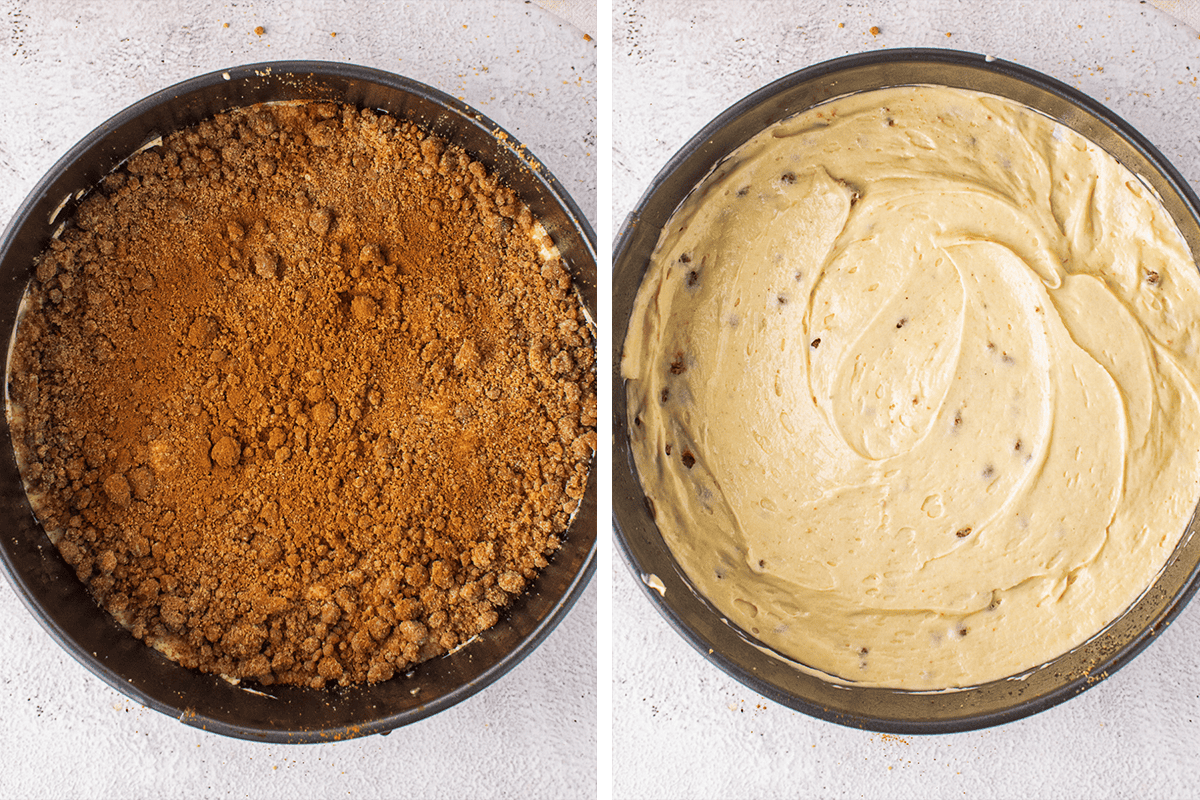 Adding half the streusel over the cake batter in a baking pan, then spread the remaining batter over the top.