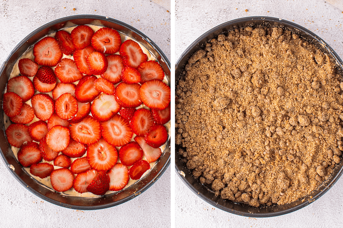 Adding an even layer of chopped strawberries on top of the batter, and then topping the strawberries with the rest of the streusel in a baking pan.