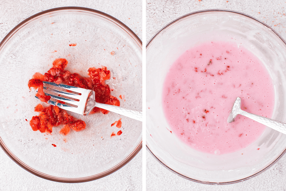 Mashing a strawberry in a bowl, then whisk it with powdered sugar, cream, and lemon juice until smooth and pourable. 