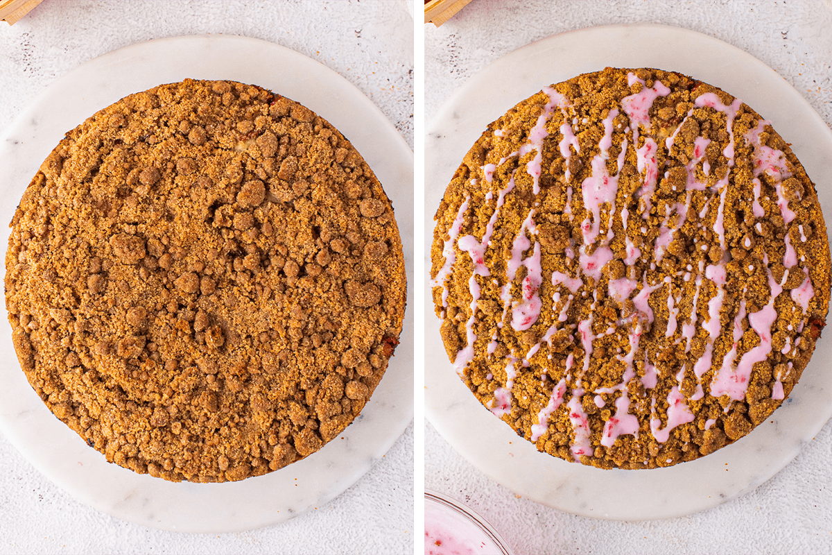Baking the cake until golden on top then topping with the pink strawberry glaze on top.