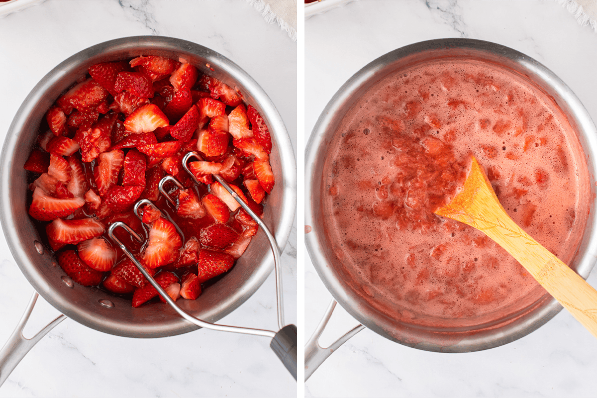 How to Make Strawberry Tiramisu Heating fresh sliced strawberries and water in a saucepan, mashing.