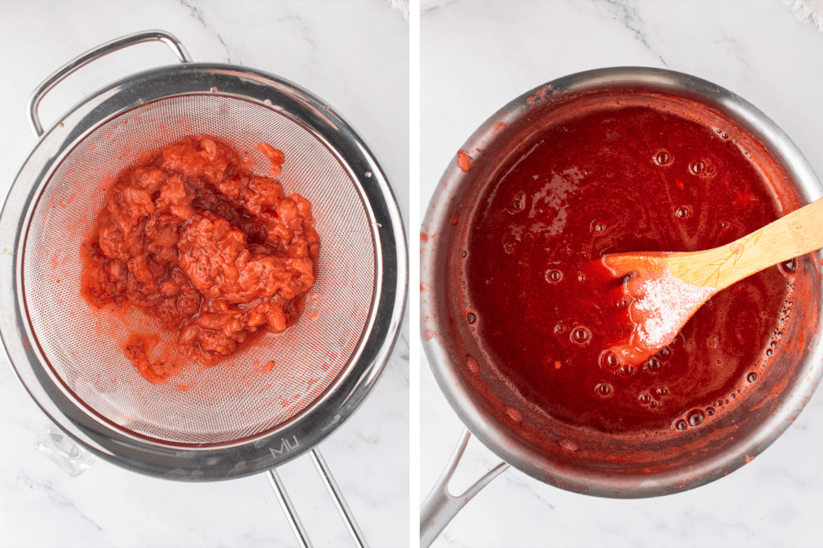 How to Make Strawberry Tiramisu Straining the strawberry sauce through a fine mesh to remove seeds and pulp, then returning the strawberry sauce to pan.