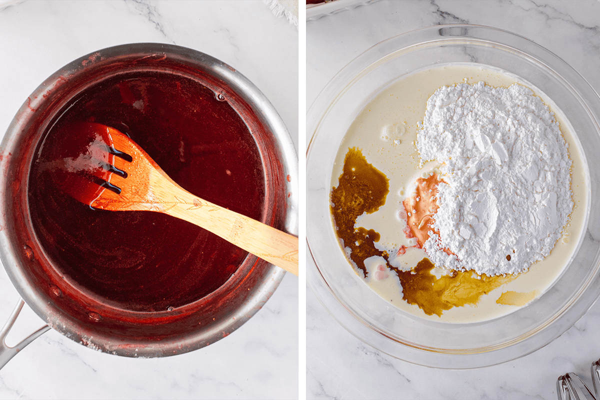 How to Make Strawberry Tiramisu Adding sugar and lemon juice to the strawberry sauce in a pan. Then making the mascarpone filling by combining mascarpone, heavy cream, powdered sugar, 1 cup chilled strawberry syrup, and vanilla in a bowl.