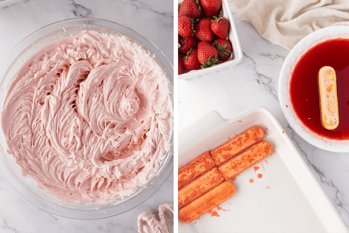 How to Make Strawberry Tiramisu Beaing the mascarpone cream ingredients in a bowl until thick and stiff peaks form, then dipping ladyfingers in strawberry syrup and adding them to a baking dish.