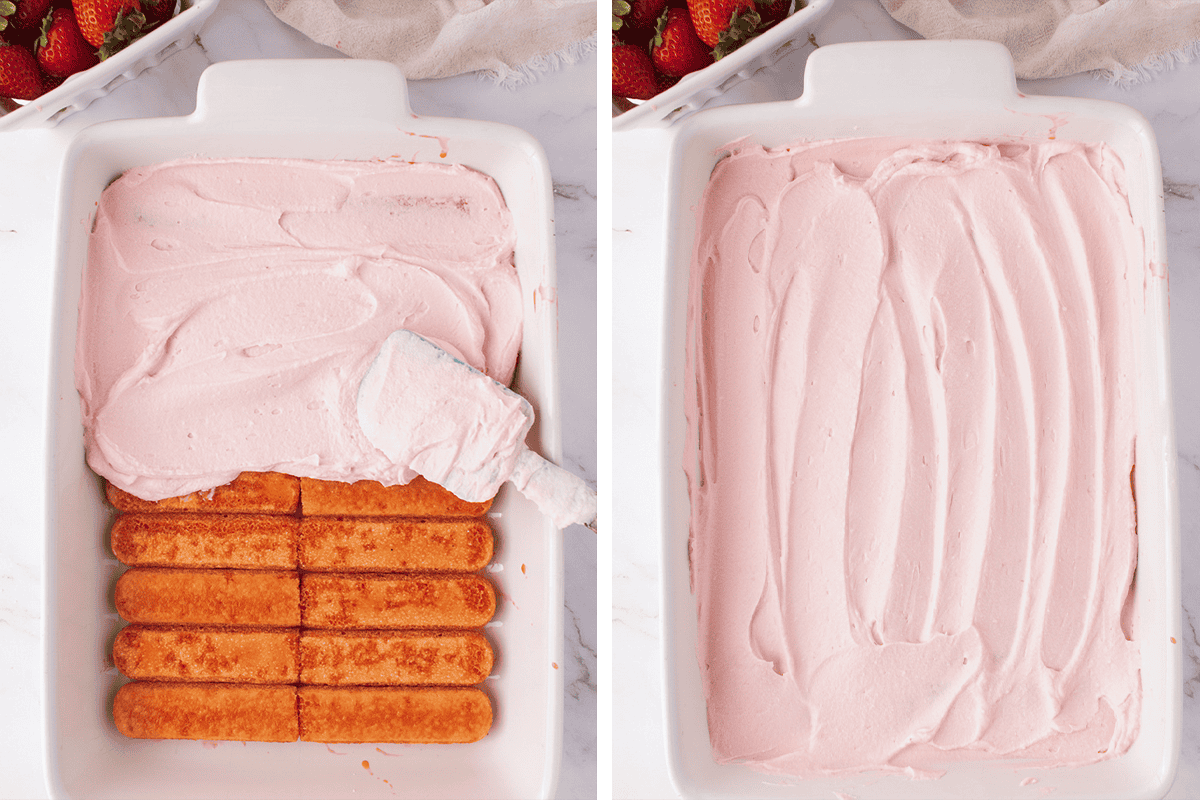 How to Make Strawberry Tiramisu Spreading the mascarpone cream over the ladyfingers in a baking dish.
