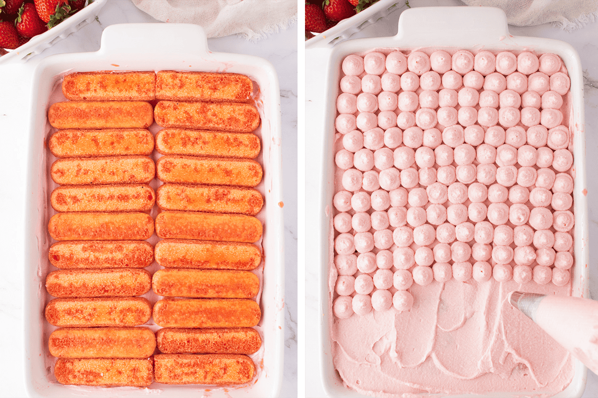 How to Make Strawberry Tiramisu Adding a second layer of ladyfingers (dipped in strawberry syrup) on top of the strawberry mascrapone cream filling in a baking dish, then poping the dollops of strawberry mascarpone cream on top.
