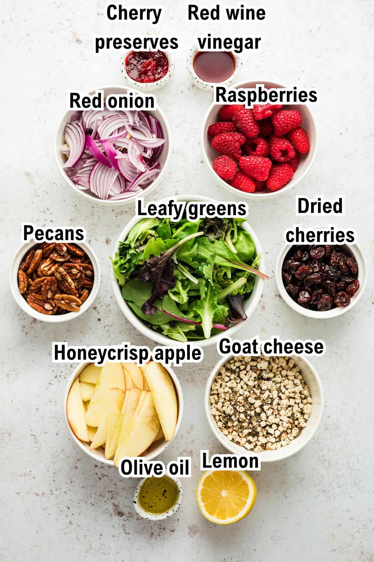 The Ingredients for Simple Green Salad and Raspberry Vinaigrette This photo shows all the ingredients (labeled) you need to make a simple green salad with Raspberry Vinaigrette.