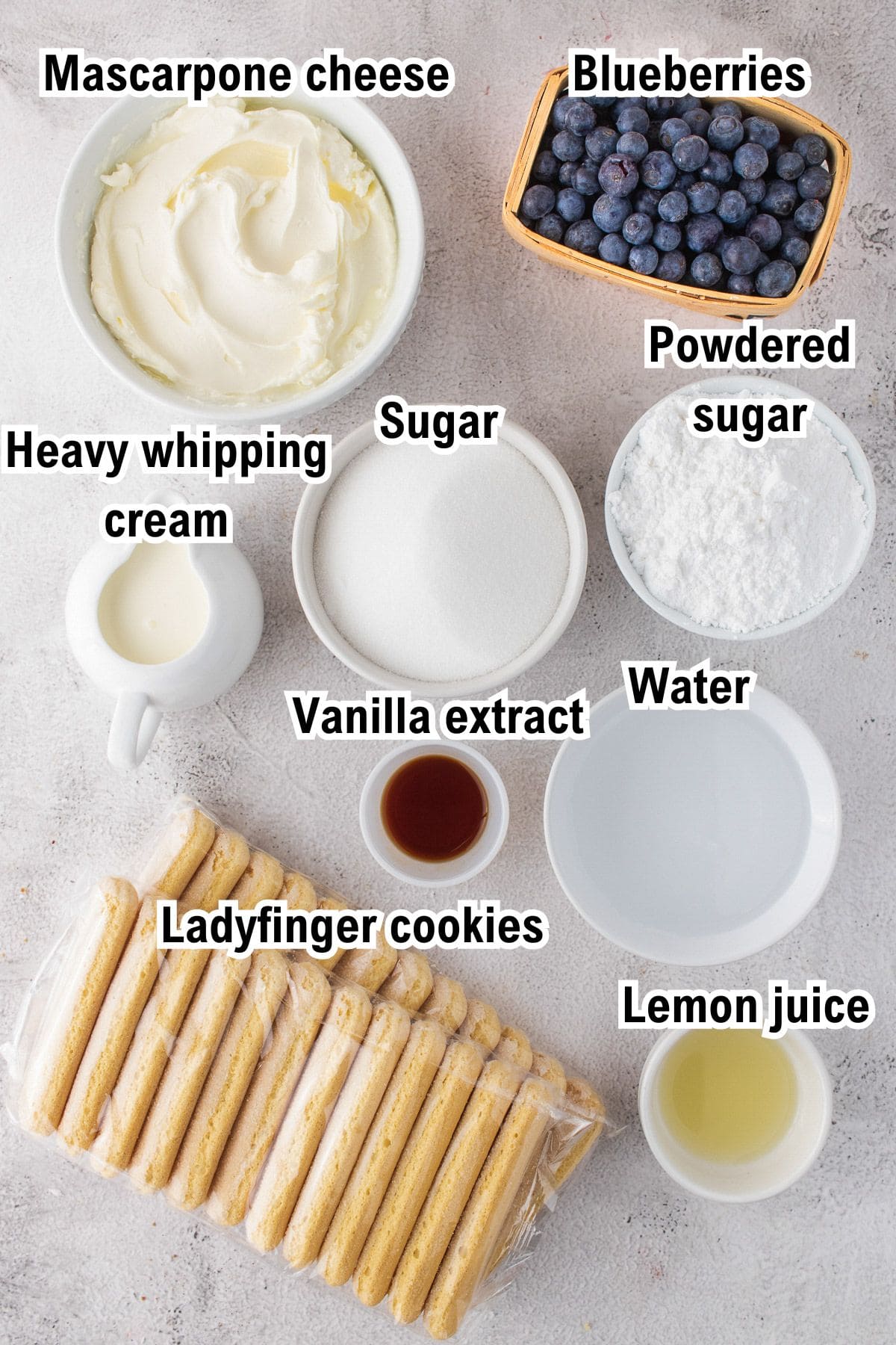 The Ingredients for Blueberry Tiramisu This photo shows all the ingredients required for the Blueberry Tiramisu (with labels).