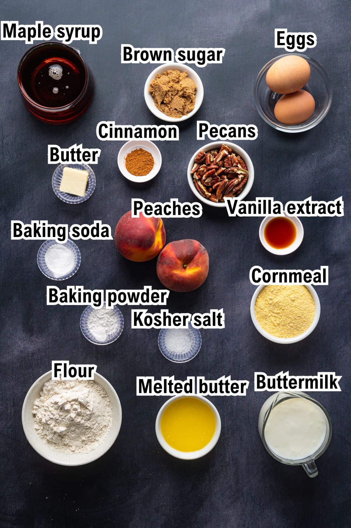 The Ingredients for Peach Pancakes This photo shows all the ingredients (with labels) needed to make buttermilk pancakes with peaches.