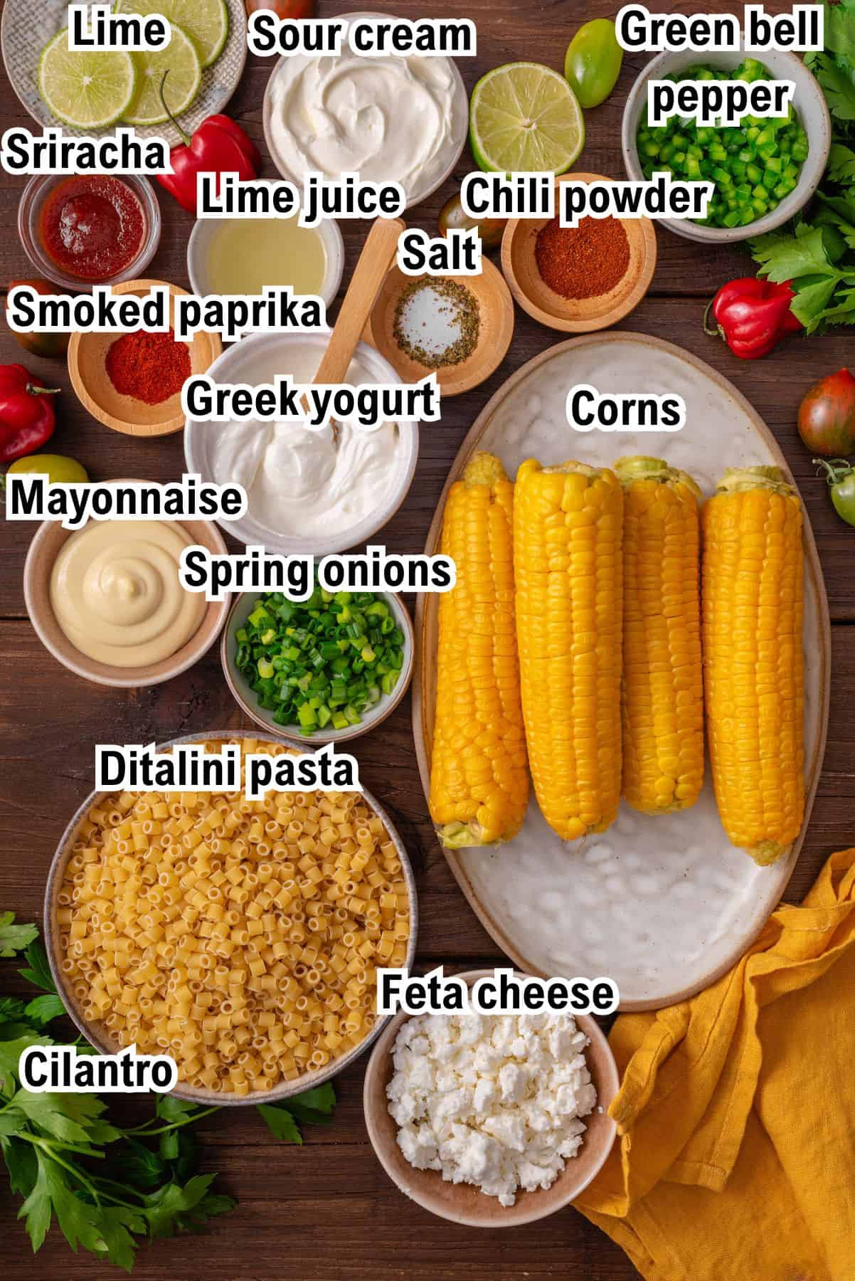 This photo shows all the ingredients needed to make Mexican Street Corn Pasta Salad (with labels).