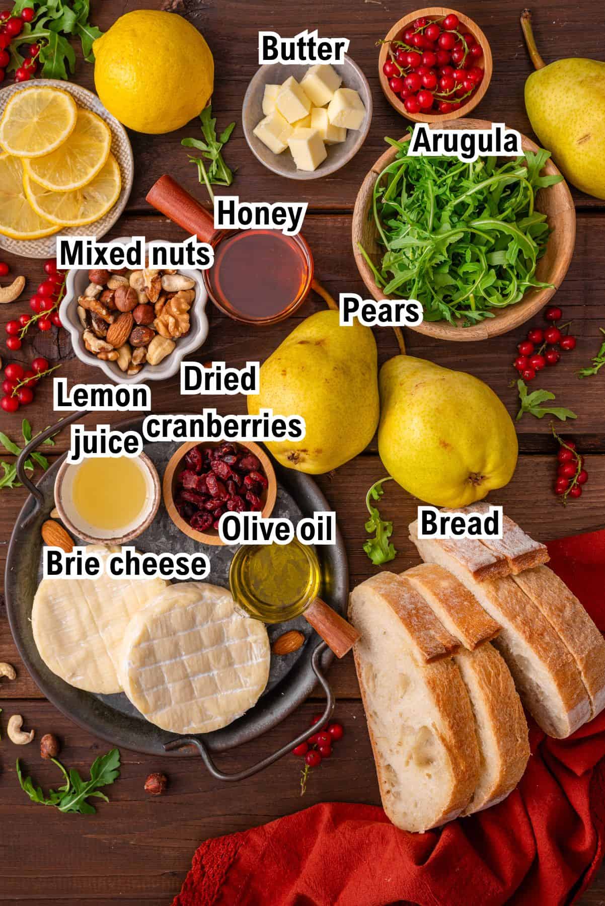 This photo shows all the ingredients you need for the Pear & Brie Grilled Cheese Sandwich (labeled).