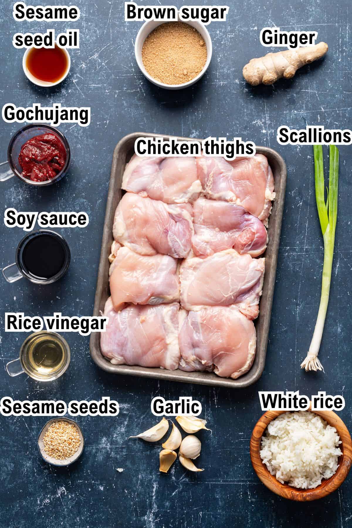 This photo shows all the ingredients needed to make Korean BBQ Chicken (with labels).