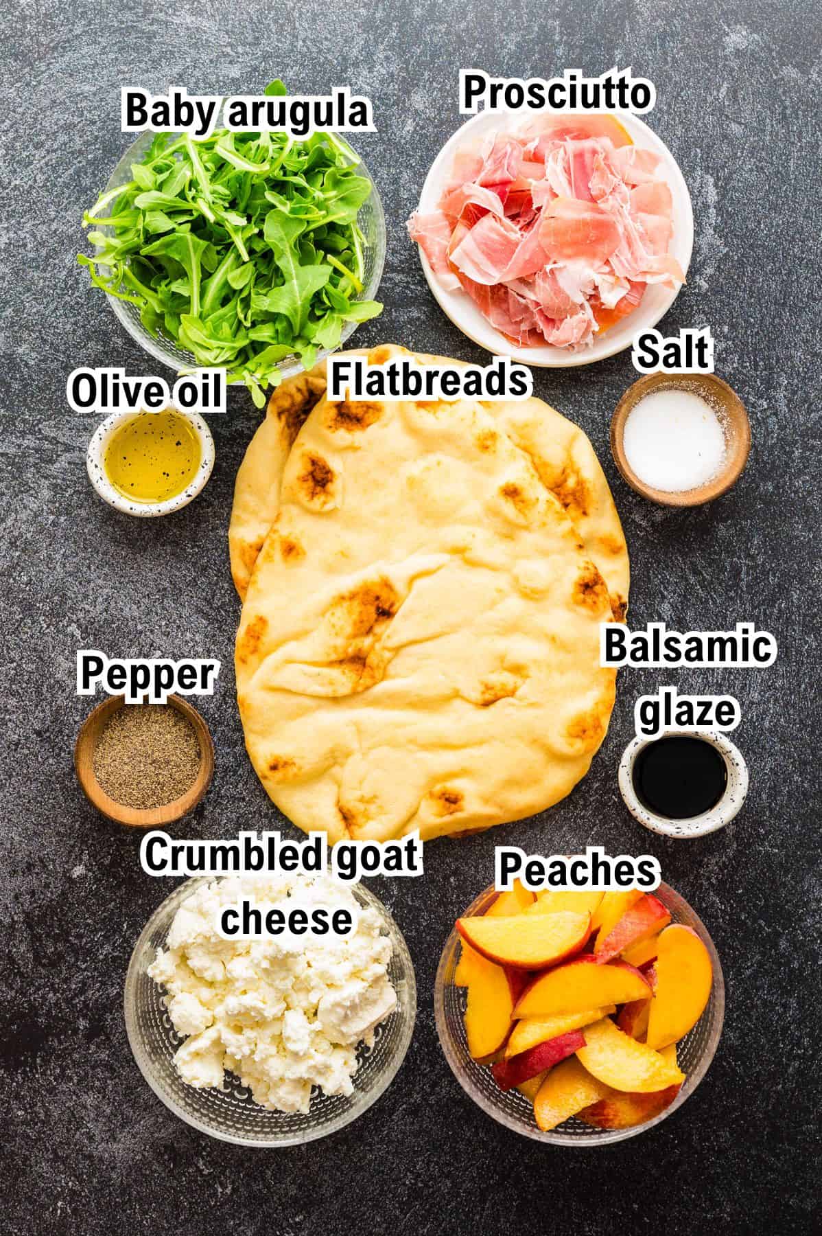 The Ingredients for Peach Flatbread This photo shows all the ingredients required to make peach flatbread.