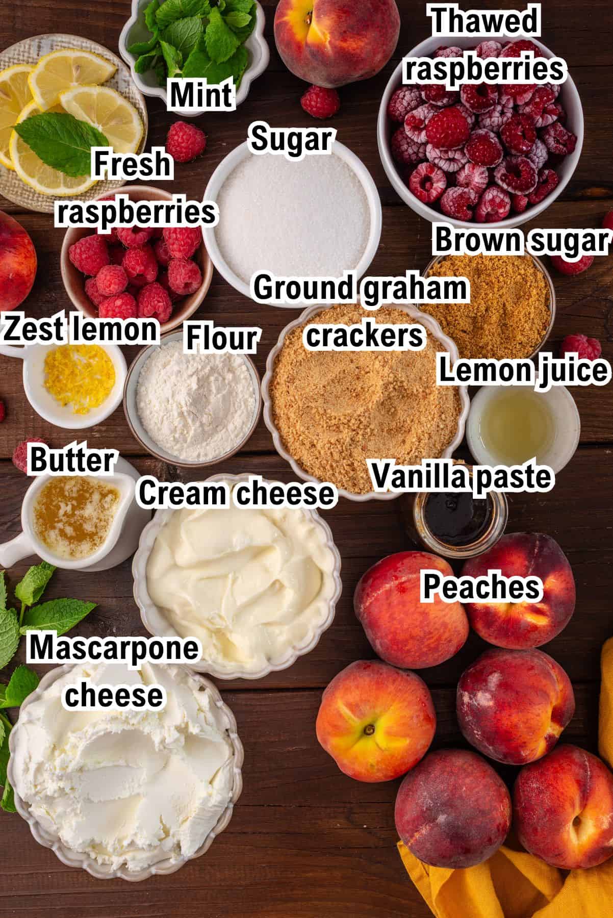 The Ingredients for Peach Raspberry Cheesecake This photo shows all the ingredients (labeled) required for the Peach Raspberry Cheesecake.