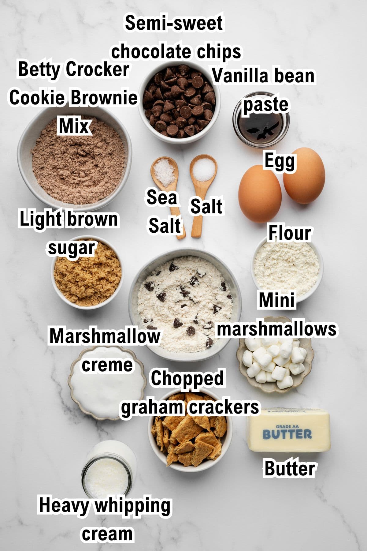 This photo shows all the ingredients (with labels) for the S'mores Bars.