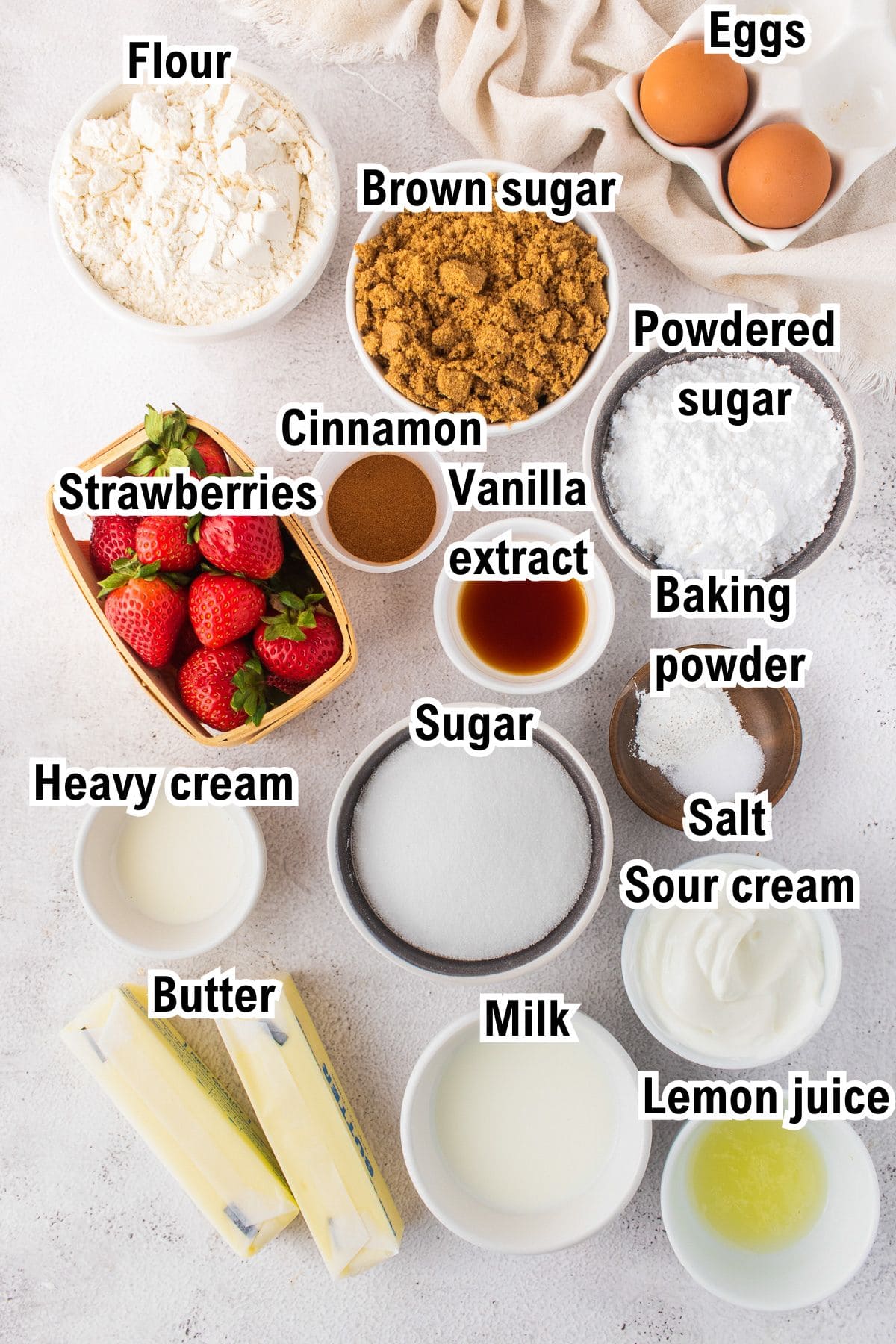 This photo shows all the ingredients (with labels) needed to make Strawberry Coffee Cake.