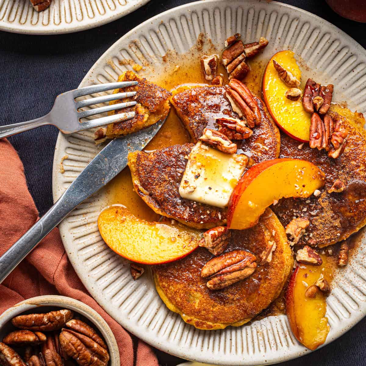 Peach Pancakes with Cinnamon Maple Syrup