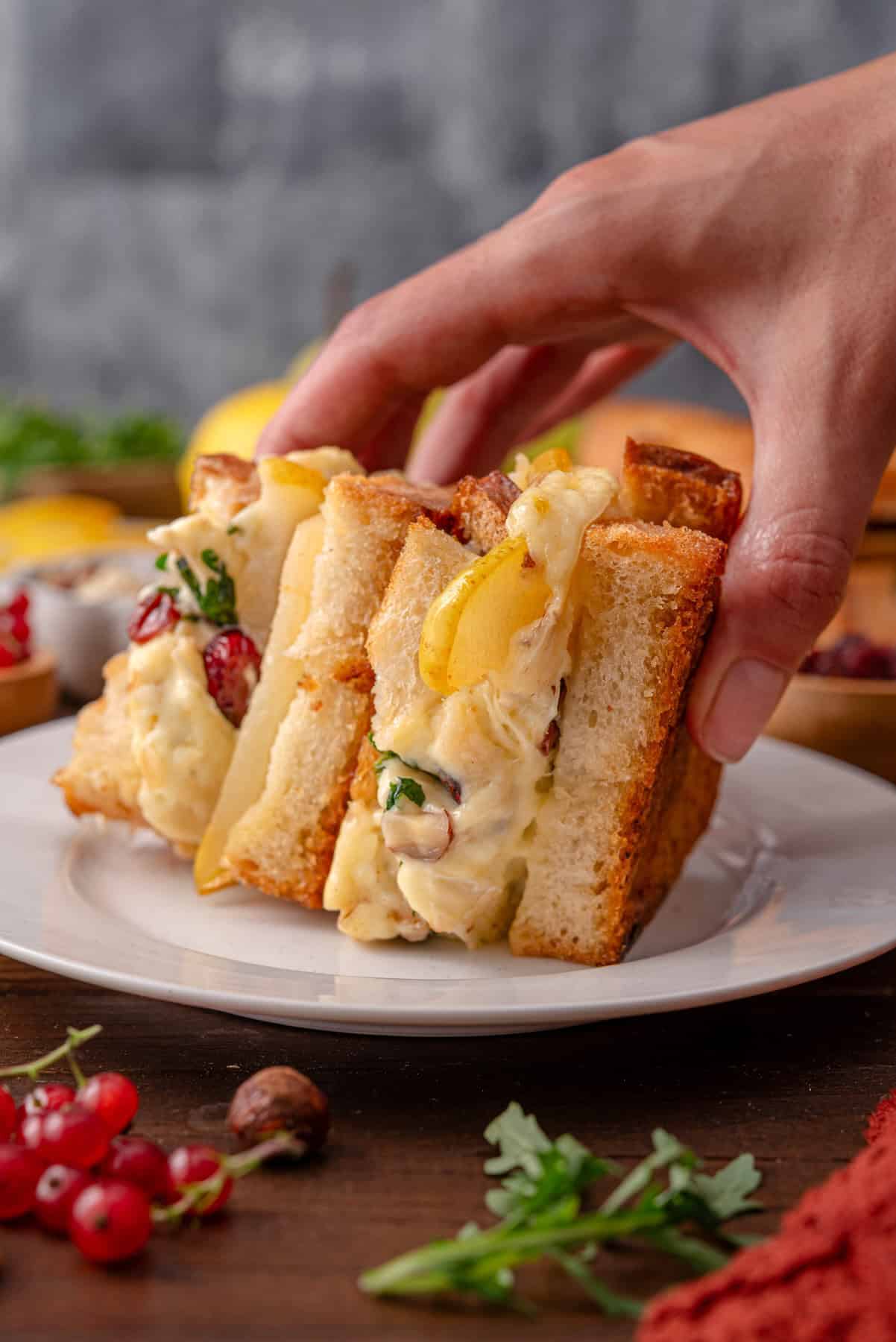 Pear Grilled Cheese Sandwich (with brie cheese, nuts, arugula, and dried cranberries) - on a white plate.