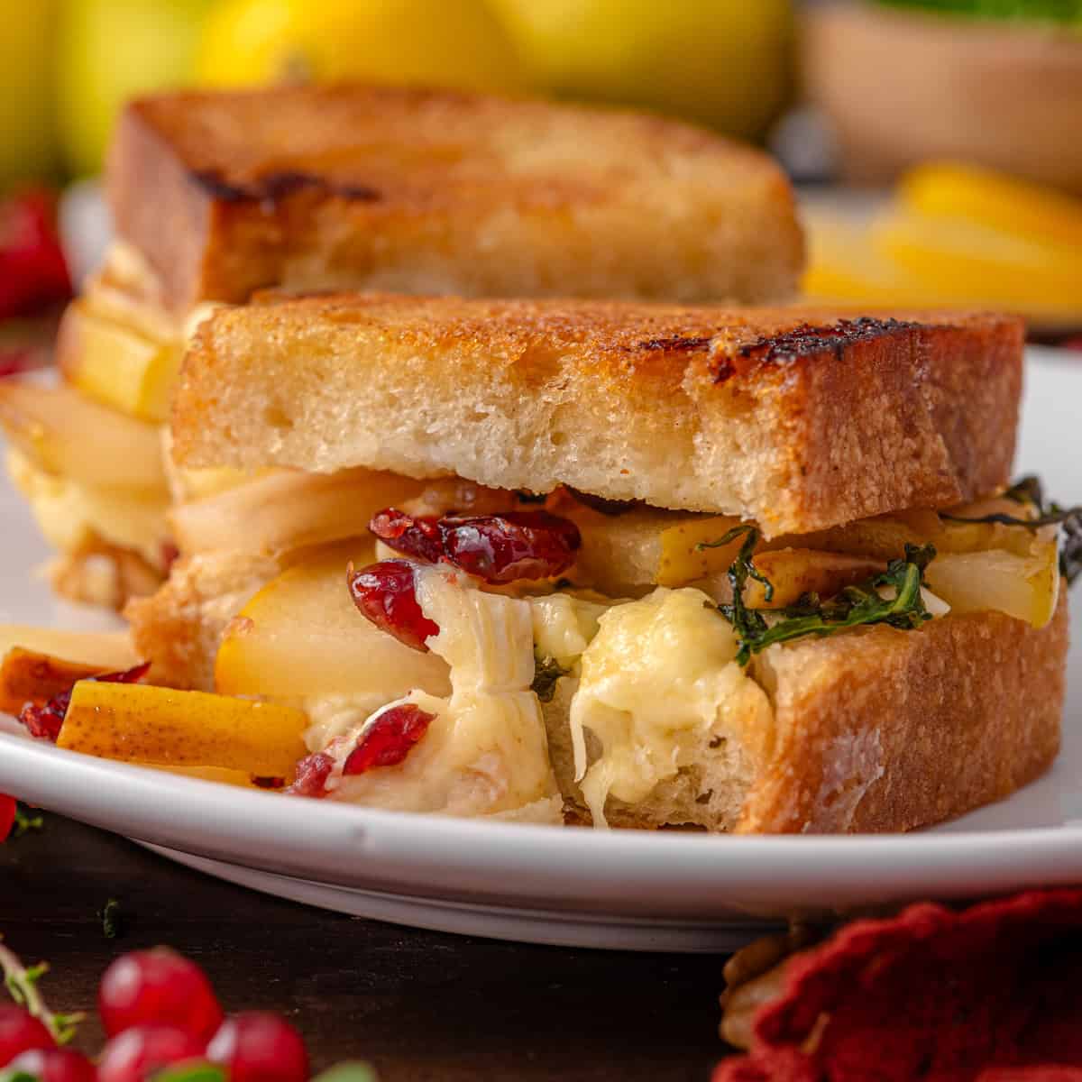 Pear Grilled Cheese Sandwich (with brie cheese, nuts, arugula, and dried cranberries) - on a white plate.