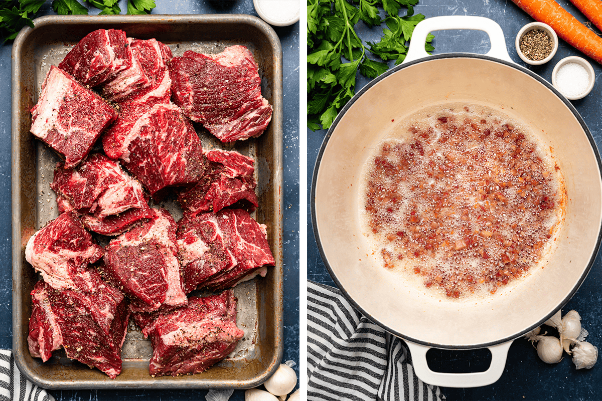 Beef sliced into large chunks in a dish; then cooking diced pancetta in a Dutch oven.