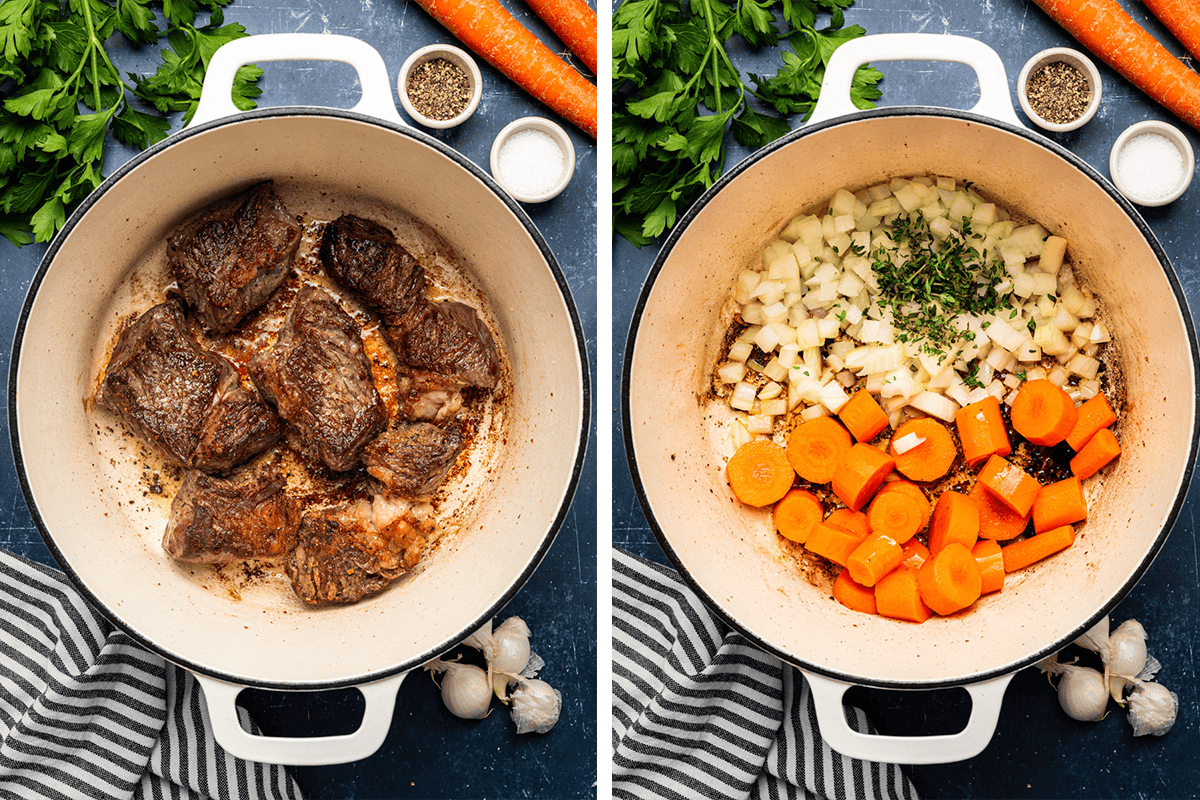 Searing beef chunks in a dutch oven; then sautéeing carrots, onion, and thyme in the same dutch oven but without beef.