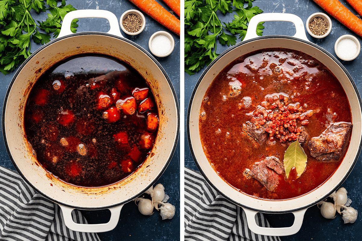 Pouring red wine into the dutch oven; then returning the browned beef and pancetta to the pot together with the bay leaf.