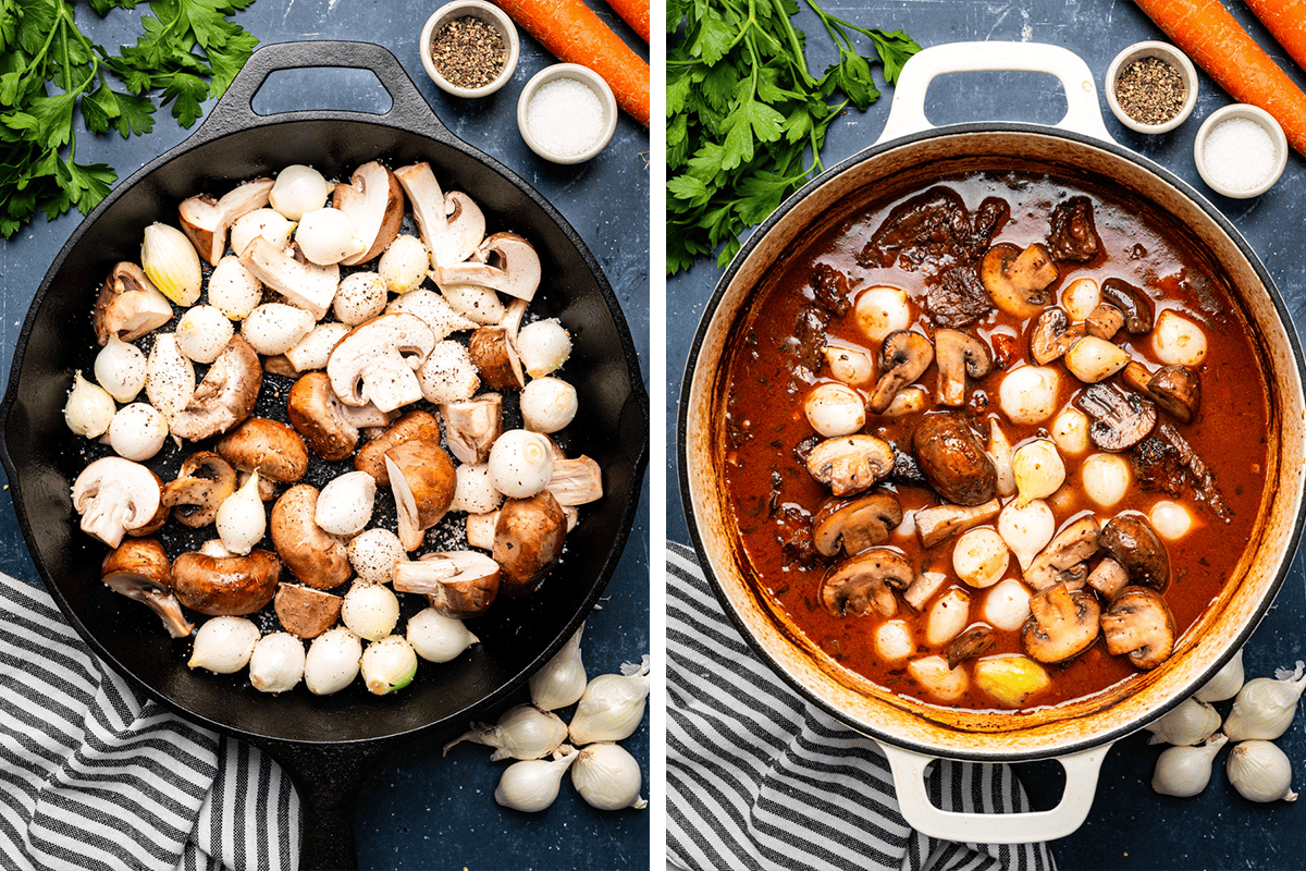 Browning silced brown mushrooms and pearl onions in a cast iron skillet; then stirring thme into the stew in a Dutch oven.