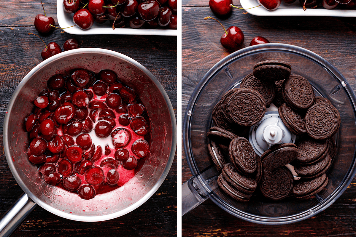 How to make Black Forest Cheesecake (Step-by-Step Photos) Left: Sliced cherries and sugar in a saucepan. Right: Chocolate sandwich cookies in a food processor, ready to be crushed.