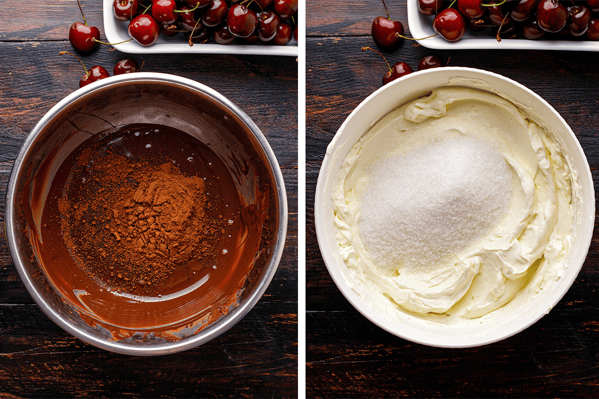 How to make Black Forest Cheesecake (Step-by-Step Photos) Two mixing bowls: one with melted chocolate and cocoa powder, the other with whipped cream and sugar.