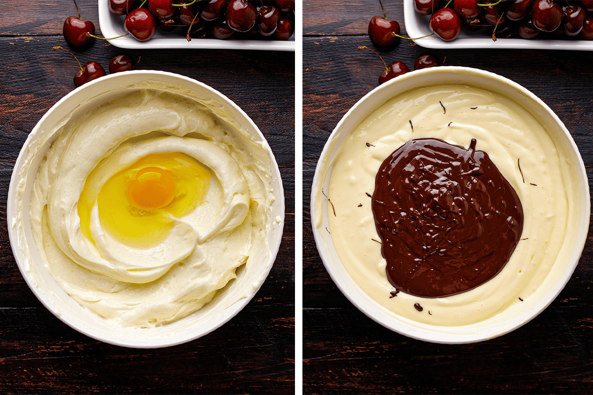 How to make Black Forest Cheesecake (Step-by-Step Photos) Two bowls: the left has creamy batter with a raw egg in the center; the right has creamy batter with melted chocolate poured on top.