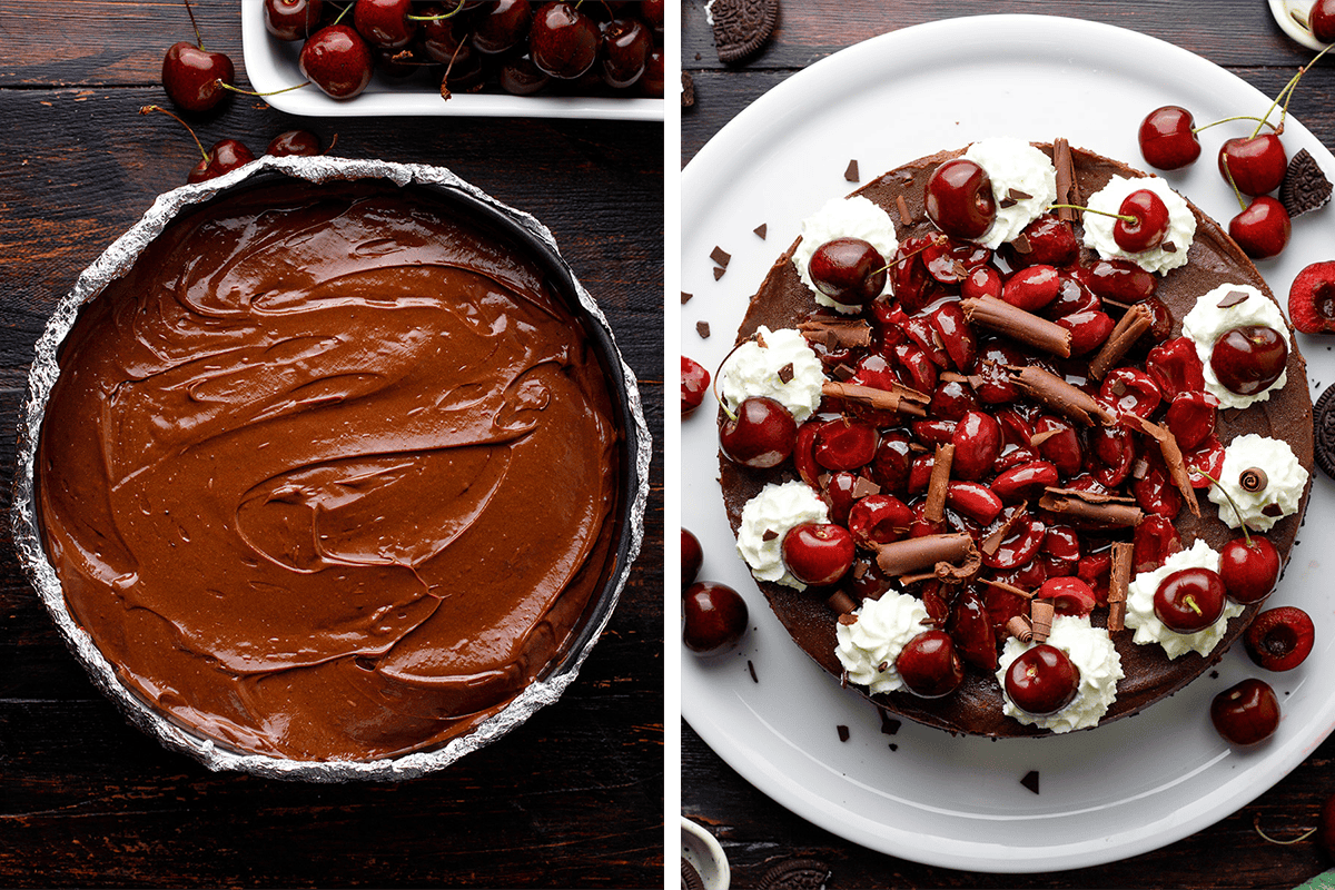 How to make Black Forest Cheesecake (Step-by-Step Photos) Left: A round pan filled with smooth chocolate batter. Right: A finished chocolate cherry cake topped with whipped cream, cherries, and chocolate shavings on a white plate.